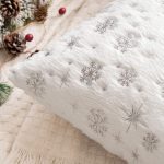 Set of 2 Christmas Decorative Throw Pillow Covers Soft Faux Fur Winter Pillow Covers with Silver Snowflake Glitter Holiday Festival Pillowcases for Couch Sofa Bed, 18×18inch, Ivory - Image 2