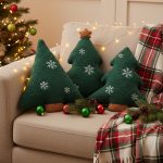 3 Pcs Christmas Tree Throw Pillows, 16" Cute Plush Stuffed Xmas Tree Shaped Decorative Pillows with Snowflake for Bedroom Outdoor Sofa Couch Home Winter Party Cushion Decorations - Image 2