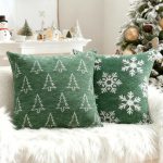 Soft Chenille Christmas Pillow Covers 18x18 Set of 2, Reversible Snowflake & Tree Pattern, Thick & Cozy Farmhouse Holiday Cushion Cases with Hidden Zipper for Sofa Couch Bed(Green,18x18)