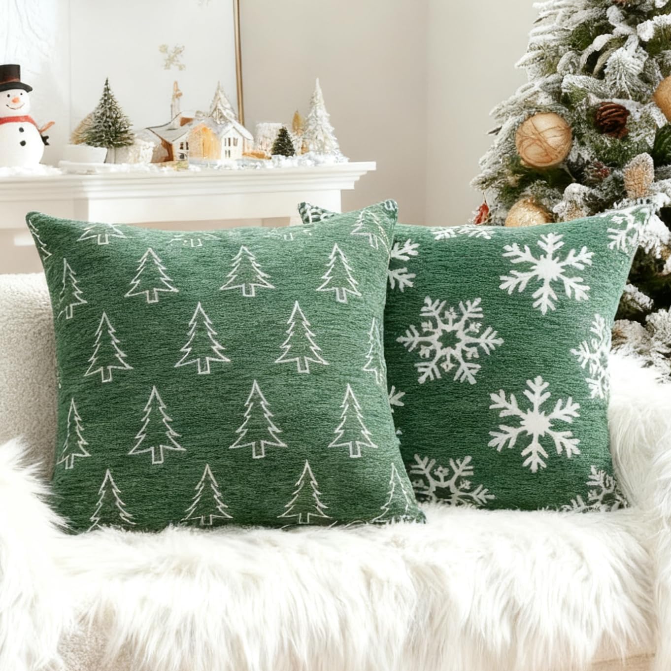 71PzIN-QxEL._AC_SL1362_.jpg Soft Chenille Christmas Pillow Covers 18x18 Set of 2, Reversible Snowflake & Tree Pattern, Thick & Cozy Farmhouse Holiday Cushion Cases with Hidden Zipper for Sofa Couch Bed(Green,18x18) - Image 1