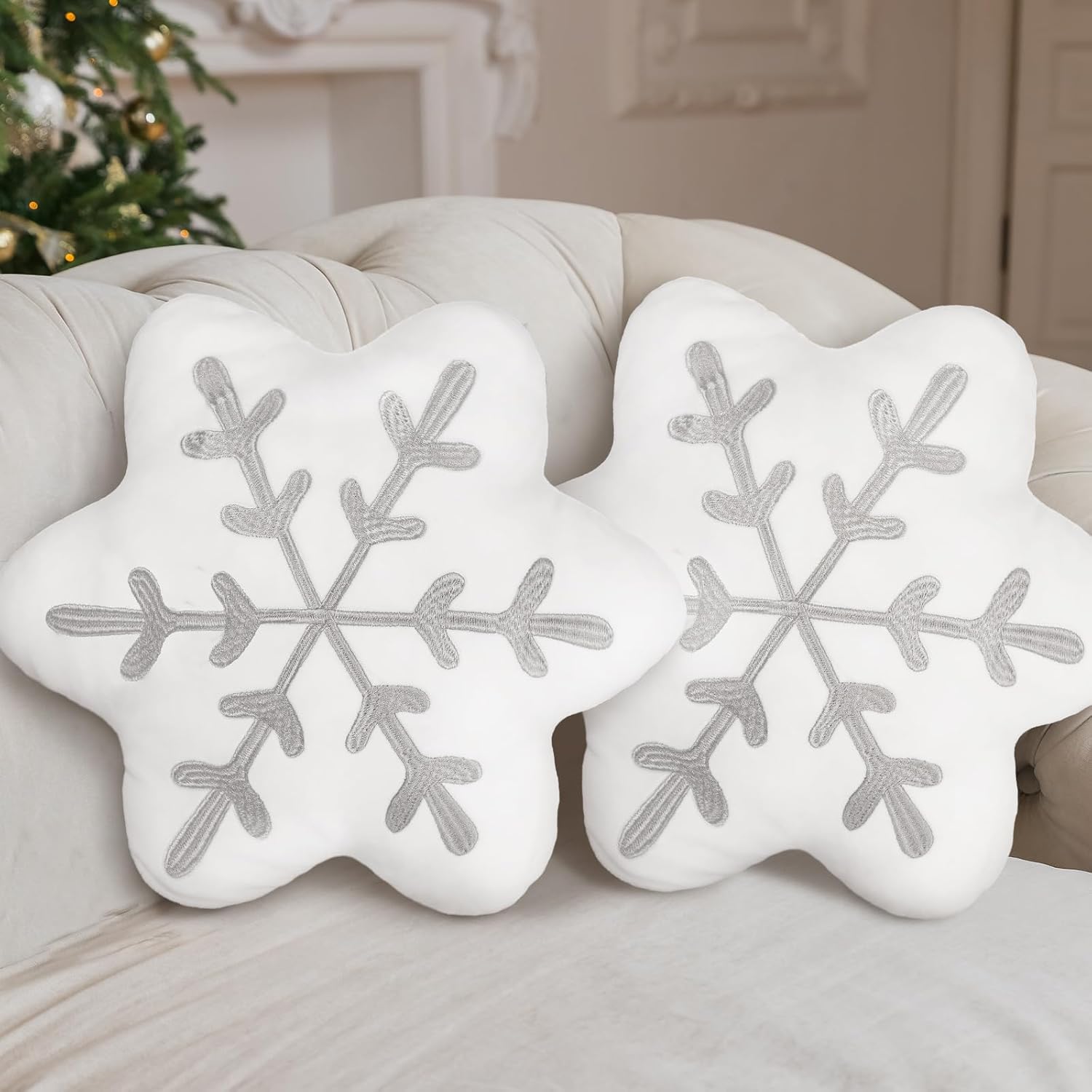 71fBPitMhL._AC_SL1500_.jpg 2 Pcs Snowflake Pillow Winter Throw Pillows Decorative Sherpa White Snowflake Shaped Cushion for Winter Home Decor Couch Sofa Bedroom Decoration(Gray) - Image 1