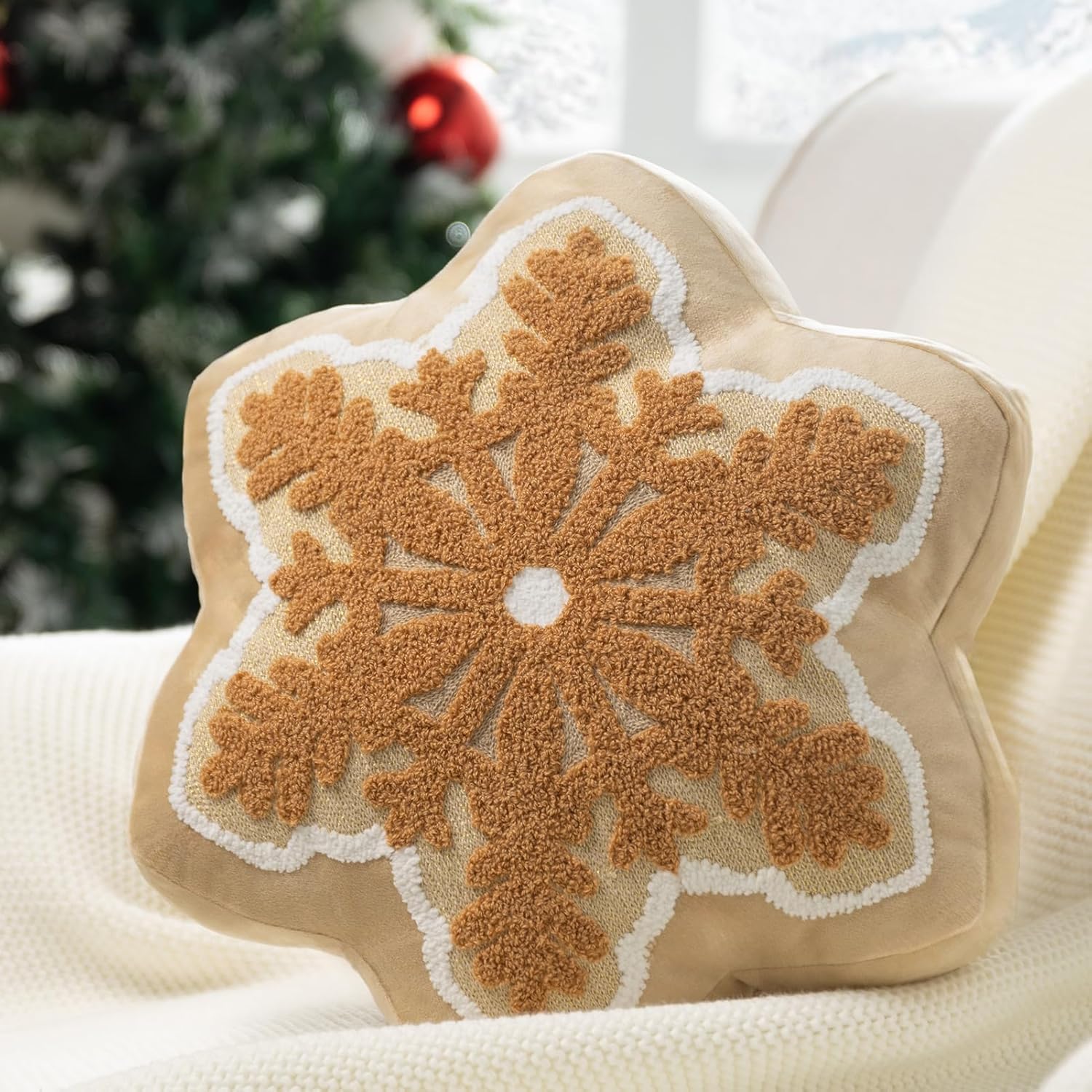 8117-XNyKgL._AC_SL1500_.jpg Merry Christmas Snowflake Shaped Throw Pillow, Velvet Xmas Embroidered Snowflake Pillow Decorative Christmas Cushion Pillow for Couch Living Room Bed, Beige, 16 x 16 inches - Image 1