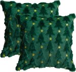 Christmas Tree Star Green Throw Pillow Cover Set of 2, 18 x 18 Inch Soft Plush Faux Fur Jacquard Festivals Winter Cushion Case Decoration for Sofa Couch