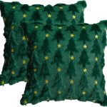 Christmas Tree Star Green Throw Pillow Cover Set of 2, 18 x 18 Inch Soft Plush Faux Fur Jacquard Festivals Winter Cushion Case Decoration for Sofa Couch