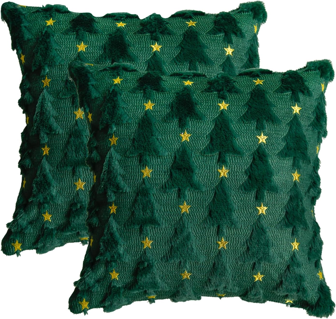 81CO0VuoYiL._AC_SL1500_.jpg Christmas Tree Star Green Throw Pillow Cover Set of 2, 18 x 18 Inch Soft Plush Faux Fur Jacquard Festivals Winter Cushion Case Decoration for Sofa Couch - Image 1
