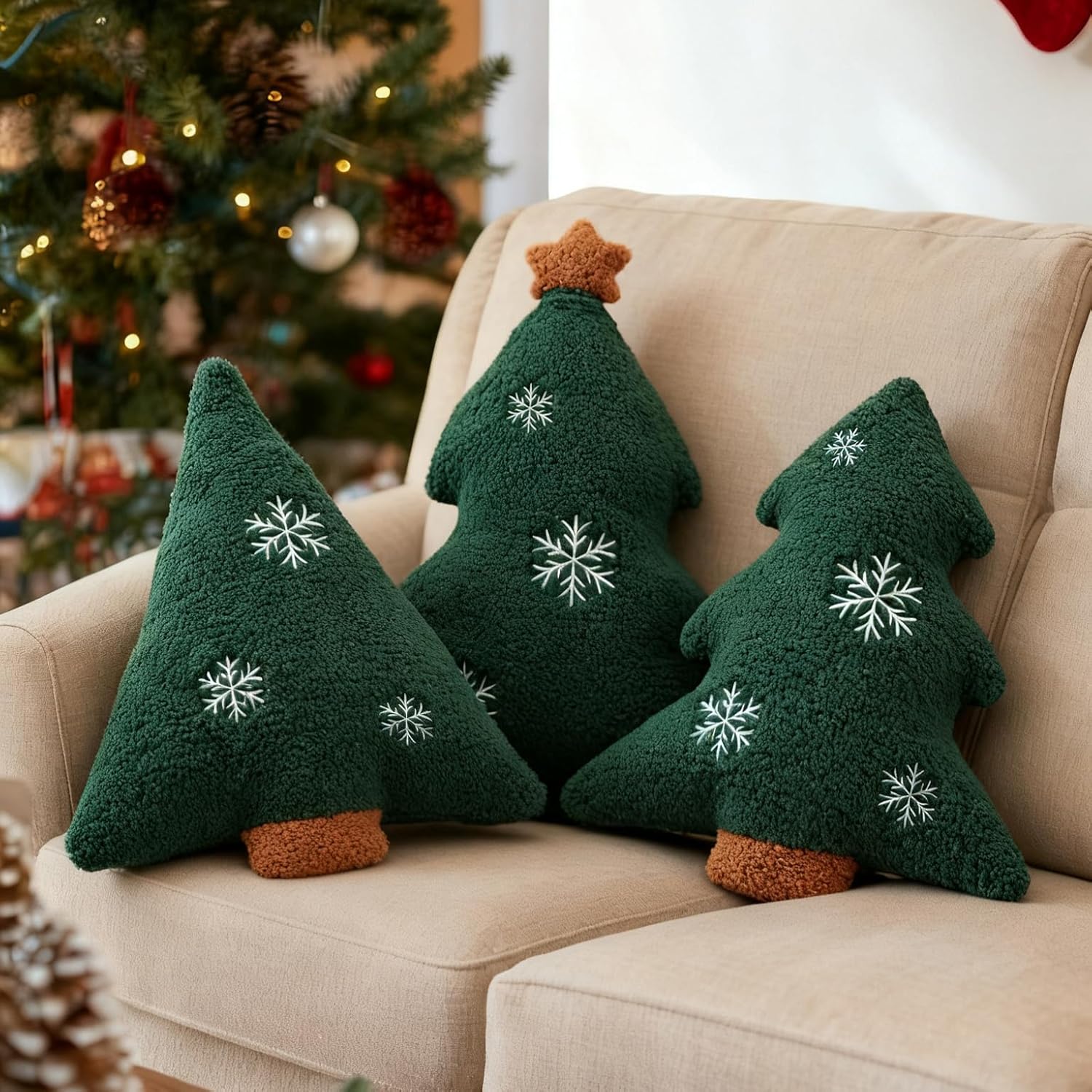 81YT1-Hj7aL._AC_SL1500_.jpg 3 Pcs Christmas Tree Throw Pillows, 16" Cute Plush Stuffed Xmas Tree Shaped Decorative Pillows with Snowflake for Bedroom Outdoor Sofa Couch Home Winter Party Cushion Decorations - Image 1